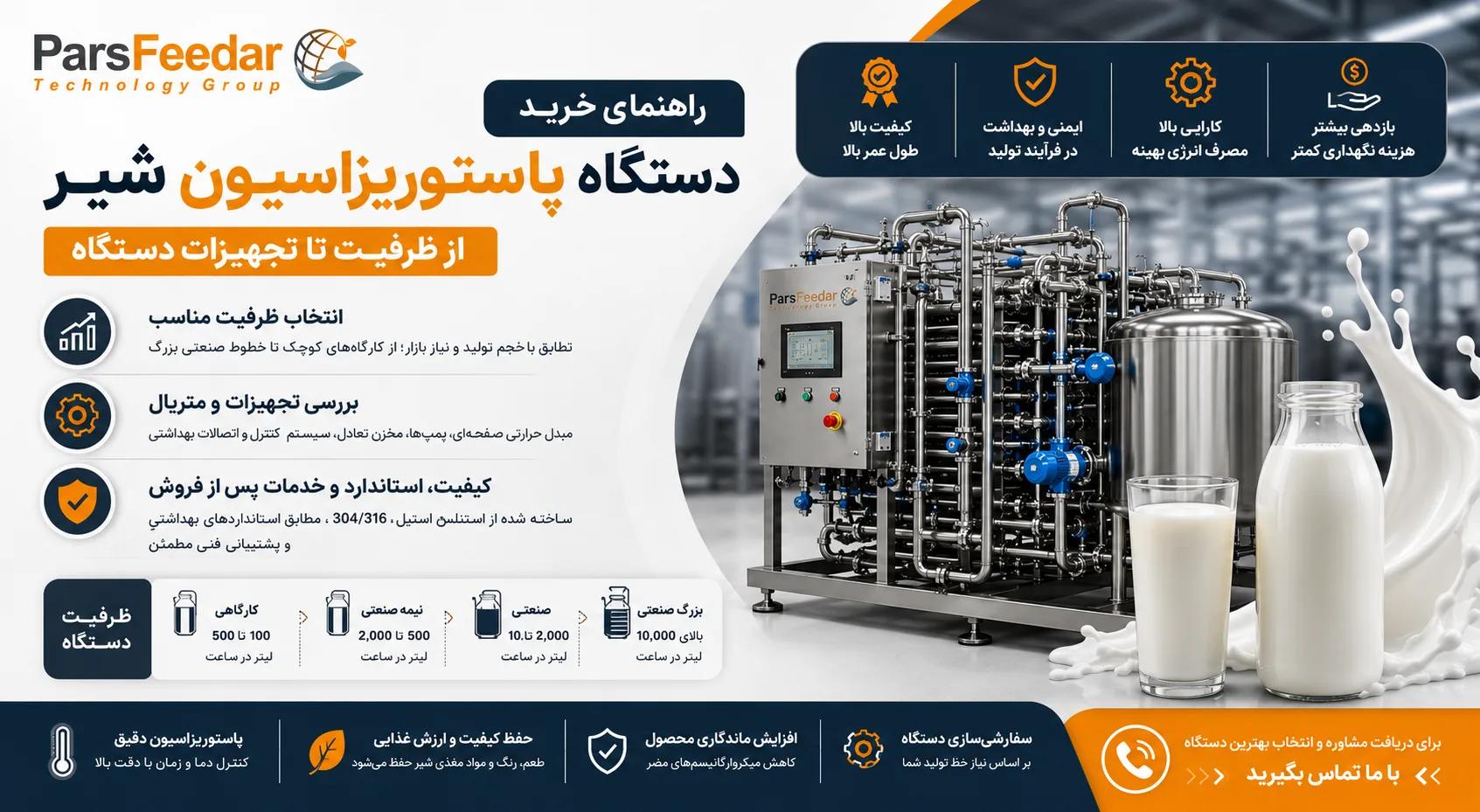 راهنمای خرید دستگاه پاستوریزاسیون شیر؛ از ظرفیت تا تجهیزات دستگاه